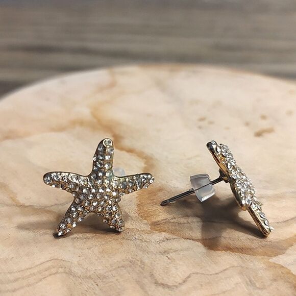 Gold Tone Rhinestone Sparkle Sea Star Pierced Earrings - Picture 2 of 11